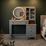 [Grey] Linra dressing table LED mirror illuminated in a dimly lit bedroom showing warm ambient lighting effect