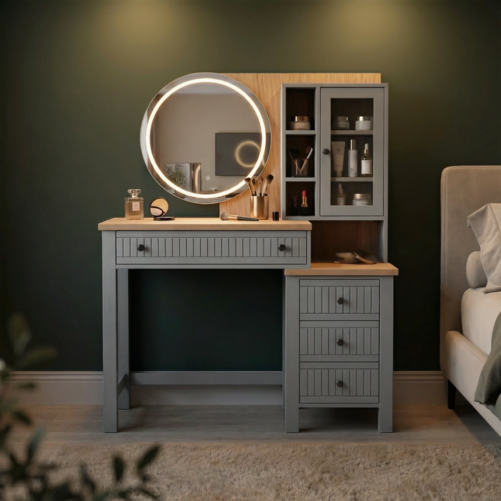 [Grey] Linra dressing table LED mirror illuminated in a dimly lit bedroom showing warm ambient lighting effect