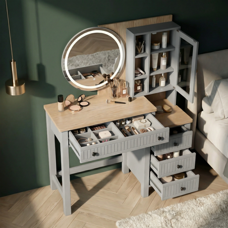 [Grey] Linra dressing table with drawer open revealing generous interior storage space and compartment organisation