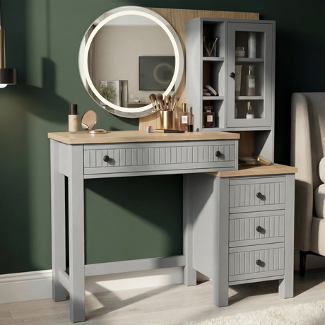 [Grey] Linra contemporary grey vanity desk with oak top, circular LED mirror, and fluted drawer panels.