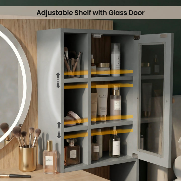 [Grey] Linra dressing table glass-door cabinet open showing six-compartment adjustable shelving for cosmetics