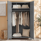 [Grey] Linra bedroom furniture set wardrobe with both doors open showing hanging rail, folded linens and shelf