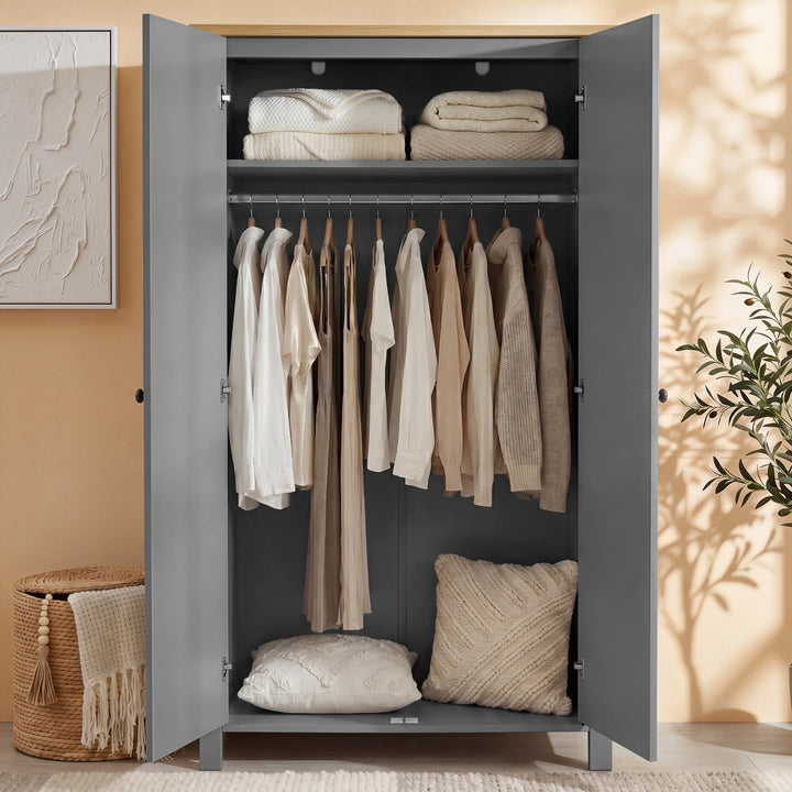 [Grey] Linra bedroom furniture set wardrobe with both doors open showing hanging rail, folded linens and shelf