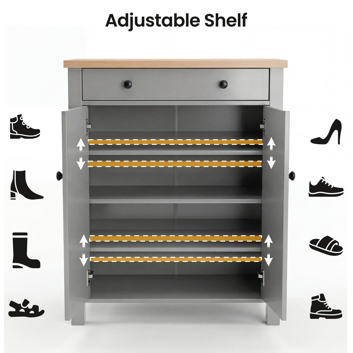 [Grey] Linra shoe cabinet open showing four adjustable shelves with bracket indicators and shoe type icons surrounding it