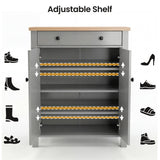 [Grey] Linra shoe cabinet open showing four adjustable shelves with bracket indicators and shoe type icons surrounding it