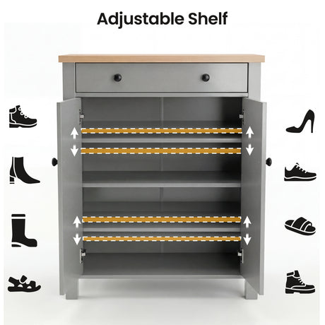 [Grey] Linra shoe cabinet open showing four adjustable shelves with bracket indicators and shoe type icons surrounding it
