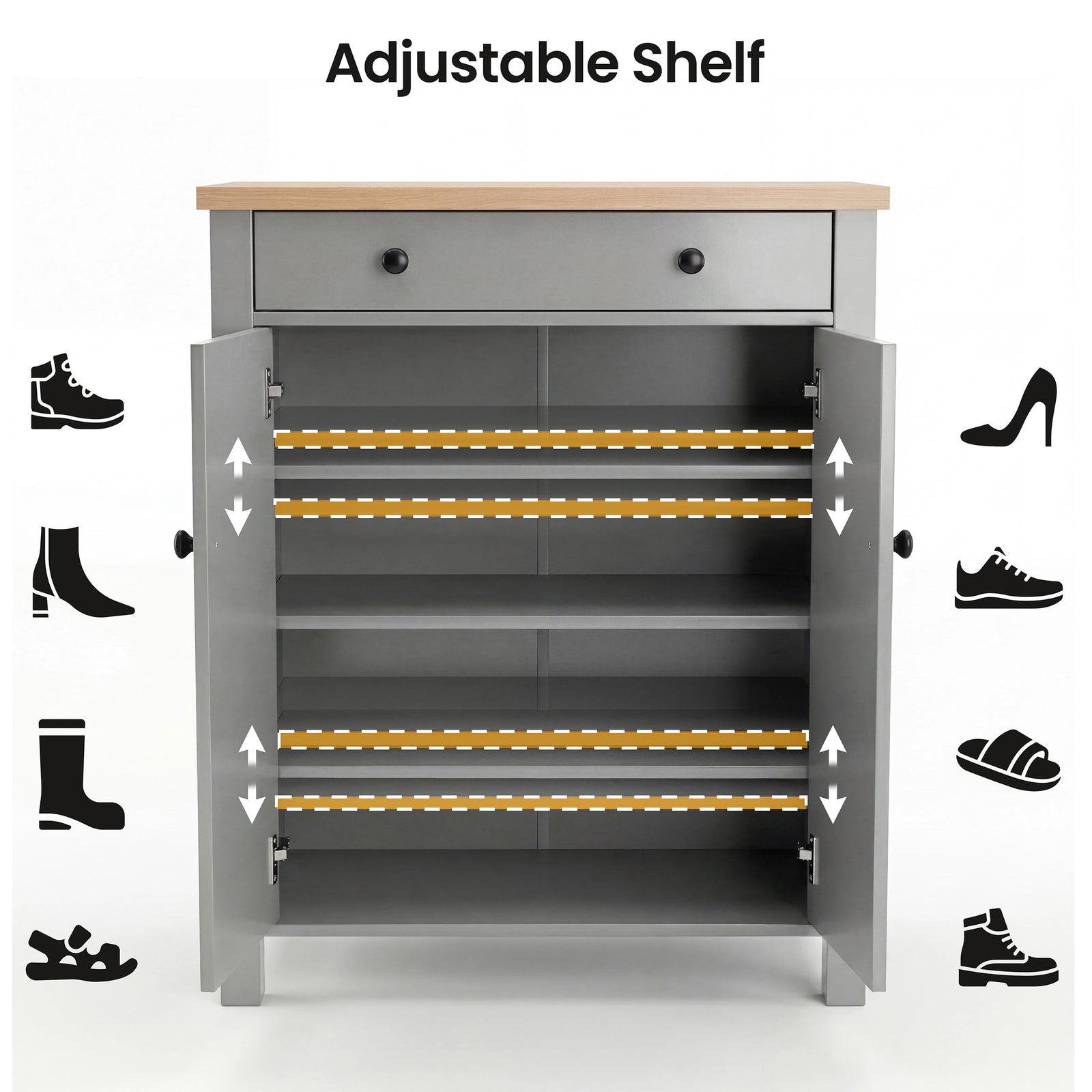 [Grey] Linra Grey 4 Tier Painted Shoe Storage Cabinet With Drawer infographic showing adjustable internal shelf positions for boots, heels, trainers and sandals