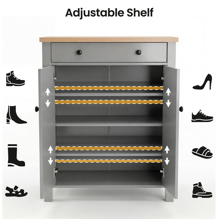 [Grey] Linra Grey 4 Tier Painted Shoe Storage Cabinet With Drawer infographic showing adjustable internal shelf positions for boots, heels, trainers and sandals