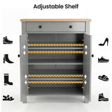 [Grey] Linra Grey 4 Tier Painted Shoe Storage Cabinet With Drawer infographic showing adjustable internal shelf positions for boots, heels, trainers and sandals
