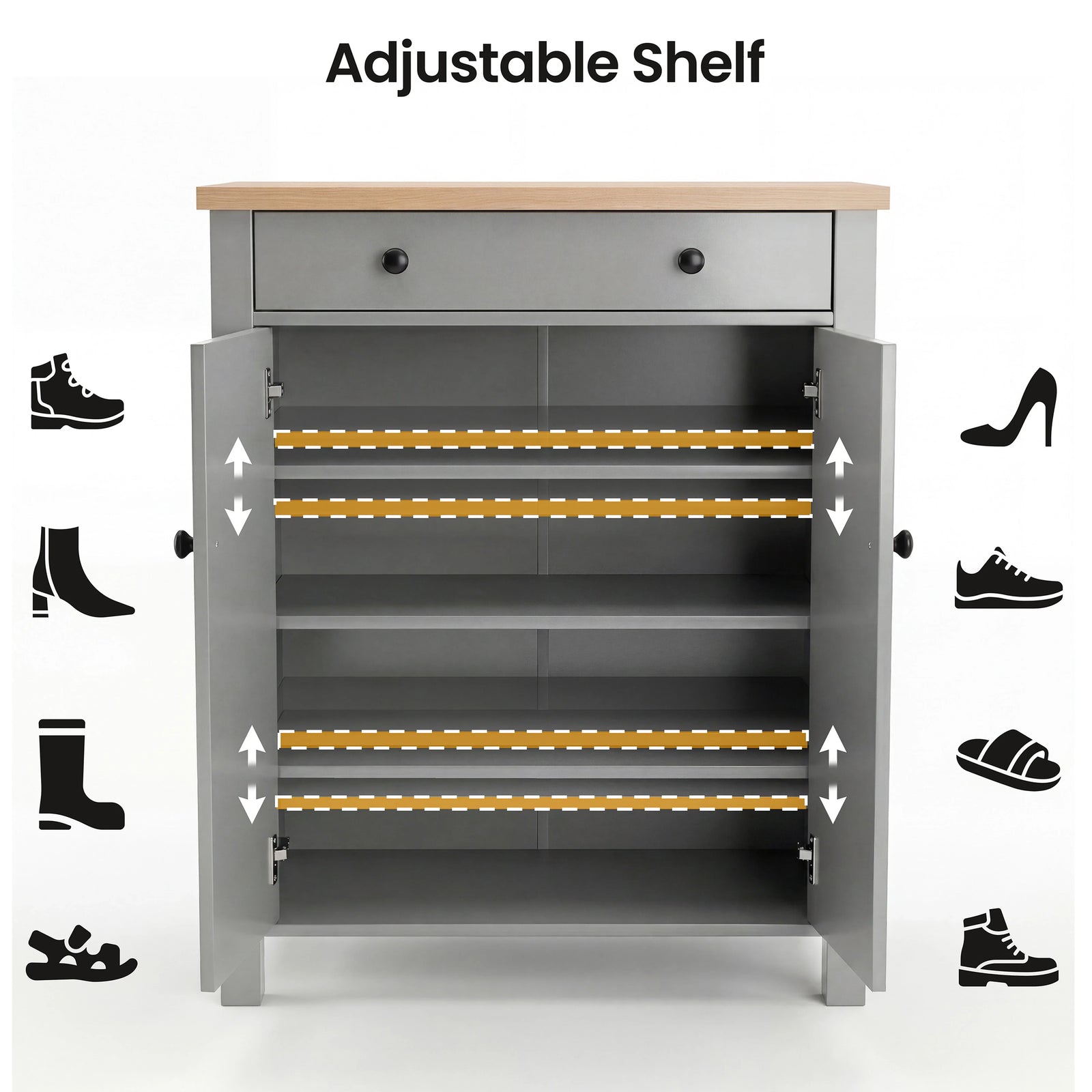 [Grey] Linra Grey 4 Tier Painted Shoe Storage Cabinet With Drawer infographic showing adjustable internal shelf positions for boots, heels, trainers and sandals
