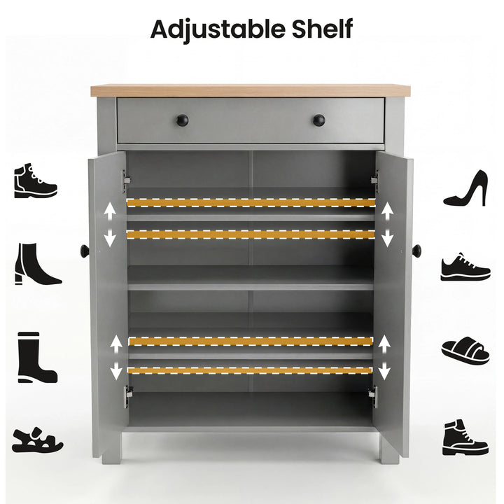 [Grey] Linra Grey 4 Tier Painted Shoe Storage Cabinet With Drawer infographic showing adjustable internal shelf positions for boots, heels, trainers and sandals