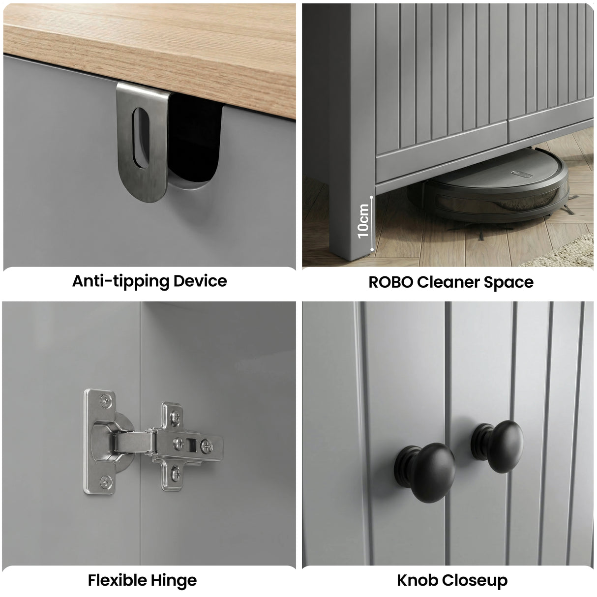 [Grey] Linra shoe cabinet feature grid showing anti-tipping bracket, robot cleaner clearance, flexible hinge, and black knob