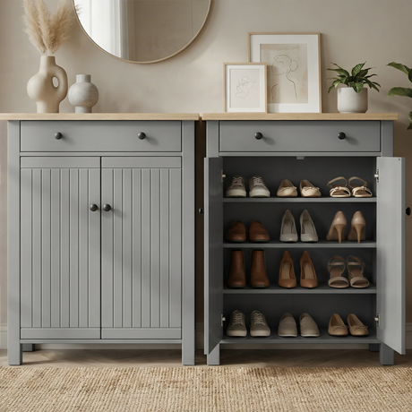 [Grey] Linra shoe cabinet shown closed and open side by side, four shelves displaying trainers, heels, and boots inside