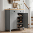[Grey] Linra Grey 4 Tier Painted Shoe Storage Cabinet With Drawer right door open in hallway revealing three interior shelves with heels, boots and trainers