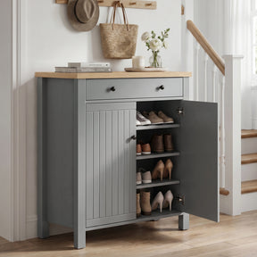 [Grey] Linra Grey 4 Tier Painted Shoe Storage Cabinet With Drawer right door open in hallway revealing three interior shelves with heels, boots and trainers