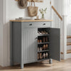 [Grey] Linra Grey 4 Tier Painted Shoe Storage Cabinet With Drawer right door open in hallway revealing three interior shelves with heels, boots and trainers