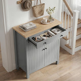 [Grey] Linra Grey 4 Tier Painted Shoe Storage Cabinet With Drawer overhead angle with top drawer pulled open showing sunglasses, headphones and accessories stored inside