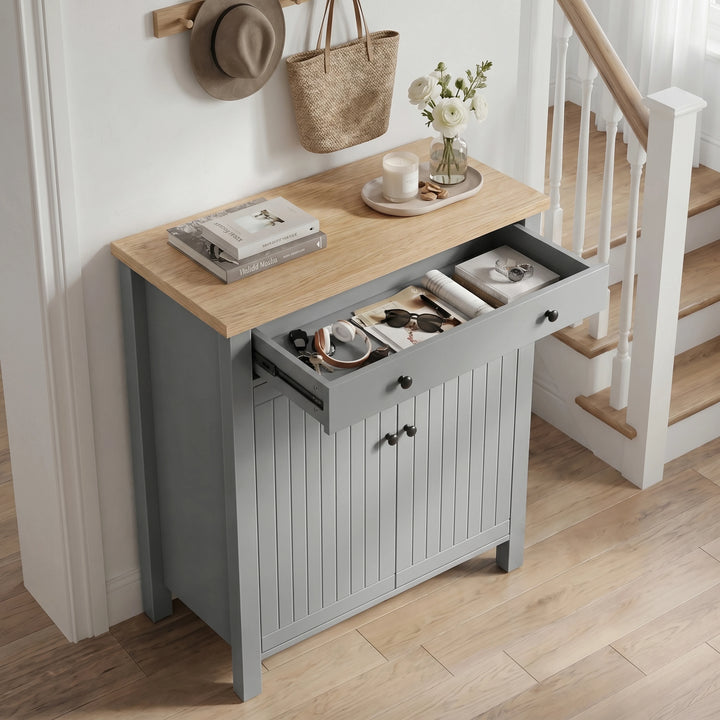 [Grey] Linra Grey 4 Tier Painted Shoe Storage Cabinet With Drawer overhead angle with top drawer pulled open showing sunglasses, headphones and accessories stored inside