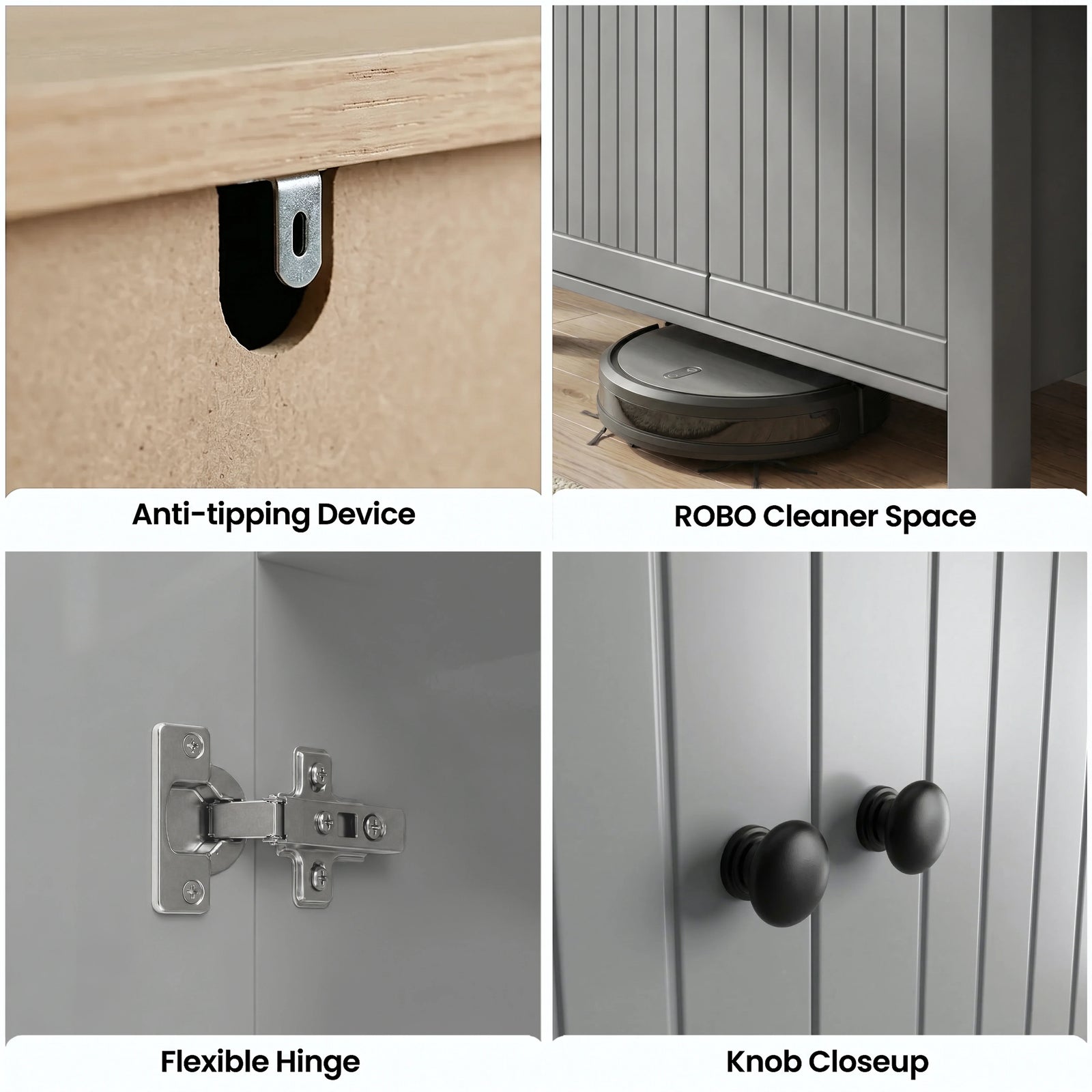 [Grey] Linra Grey 4 Tier Painted Shoe Storage Cabinet With Drawer hardware detail infographic showing anti-tip bracket, hinge, black knob and robot cleaner clearance
