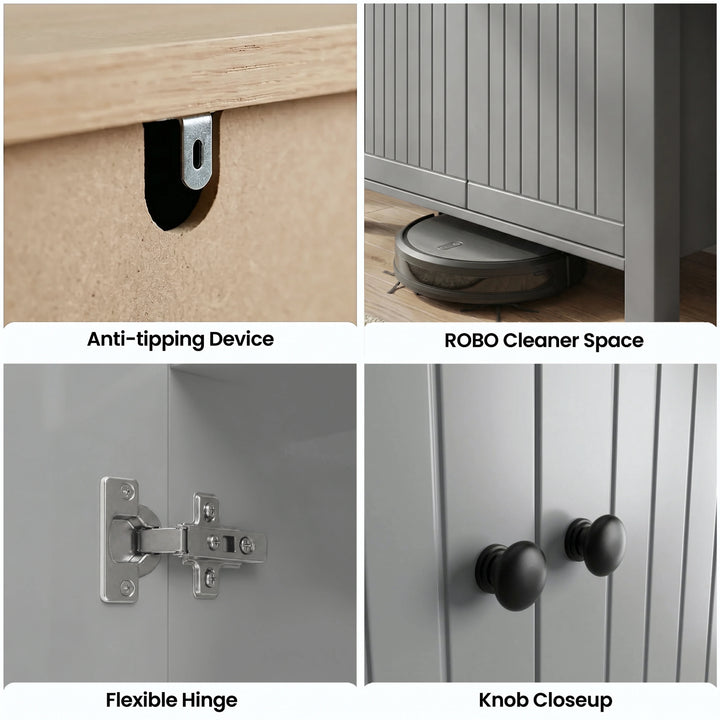 [Grey] Linra Grey 4 Tier Painted Shoe Storage Cabinet With Drawer hardware detail infographic showing anti-tip bracket, hinge, black knob and robot cleaner clearance