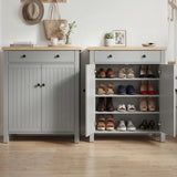 [Grey] Linra Grey 4 Tier Painted Shoe Storage Cabinet With Drawer shown as a pair, one closed and one open displaying four shelves loaded with heels and sandals