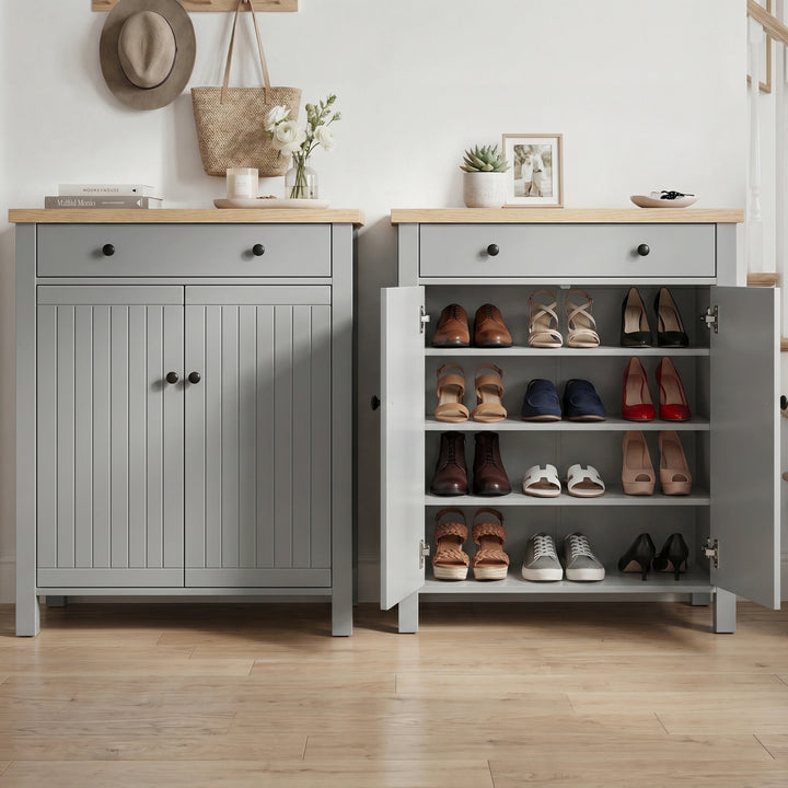 [Grey] Linra Grey 4 Tier Painted Shoe Storage Cabinet With Drawer shown as a pair, one closed and one open displaying four shelves loaded with heels and sandals