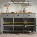 [Grey] Linra open cupboard view showing three adjustable shelf heights with arrows and empty compartments