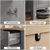[Grey] Linra feature collage showing soft-close hinges, easy-glide rails, robot cleaner space, and anti-tip bracket