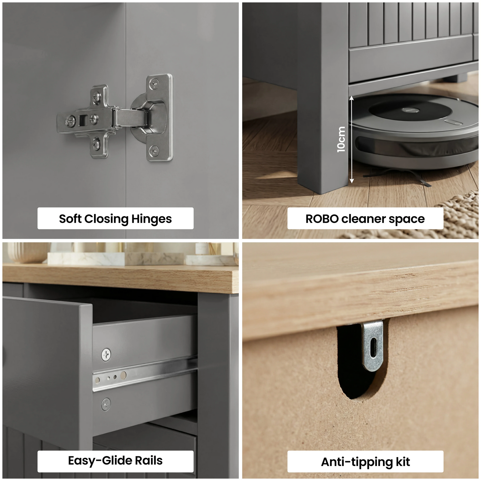 [Grey] Linra feature collage showing soft-close hinges, easy-glide rails, robot cleaner space, and anti-tip bracket