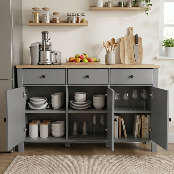 [Grey] Linra kitchen storage view with open doors, dishes, glasses, books, jars, fruit, and cutting boards