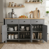 [Grey] Linra kitchen storage view with open doors, dishes, glasses, books, jars, fruit, and cutting boards