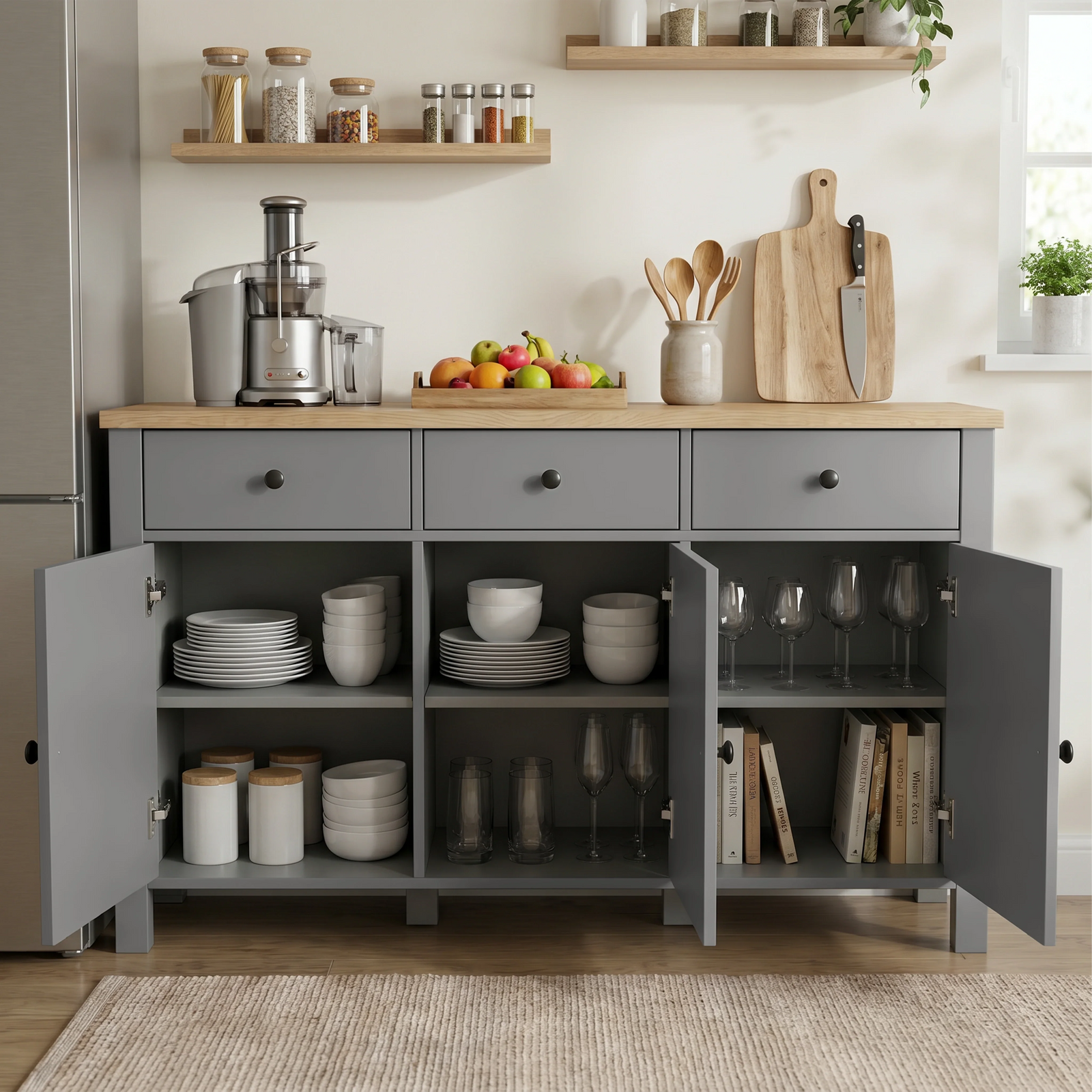 [Grey] Linra kitchen storage view with open doors, dishes, glasses, books, jars, fruit, and cutting boards