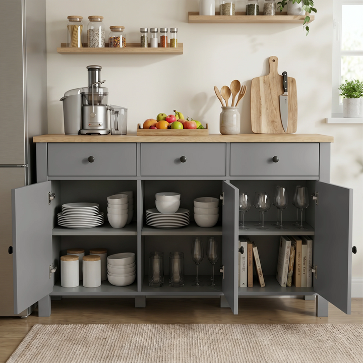 [Grey] Linra kitchen storage view with open doors, dishes, glasses, books, jars, fruit, and cutting boards