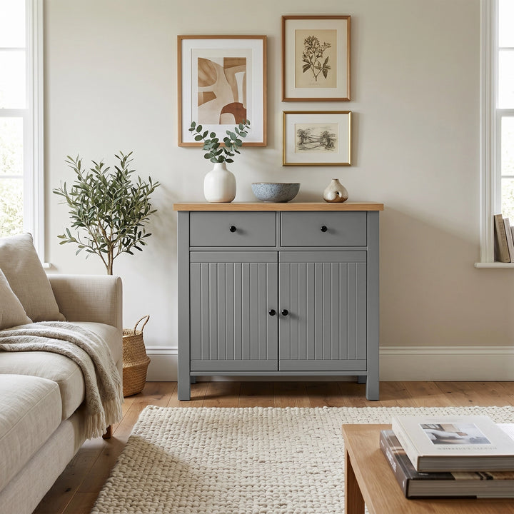 [Grey] Linra Grey Painted 2 Door Sideboard with Drawers - Oak Top styled elegantly inside a bright modern living room.
