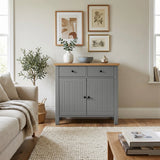 [Grey] Linra Grey Painted 2 Door Sideboard with Drawers - Oak Top styled elegantly inside a bright modern living room.