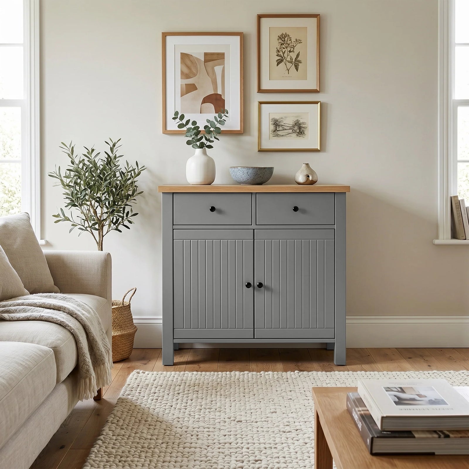 [Grey] Linra Grey Painted 2 Door Sideboard with Drawers - Oak Top styled elegantly inside a bright modern living room.