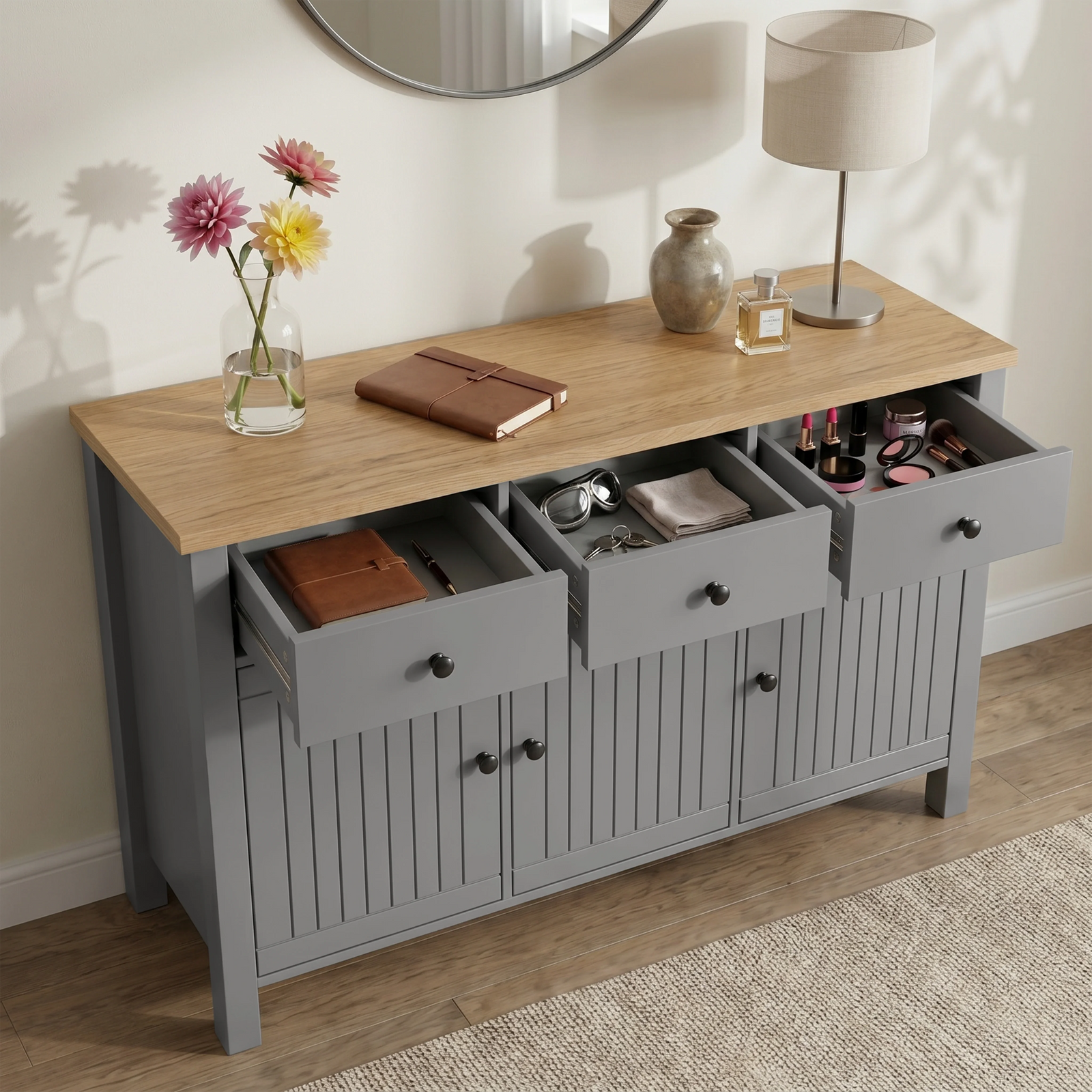 [Grey] Linra open drawer view showing notebook, keys, sunglasses, folded cloth, cosmetics, and black knobs