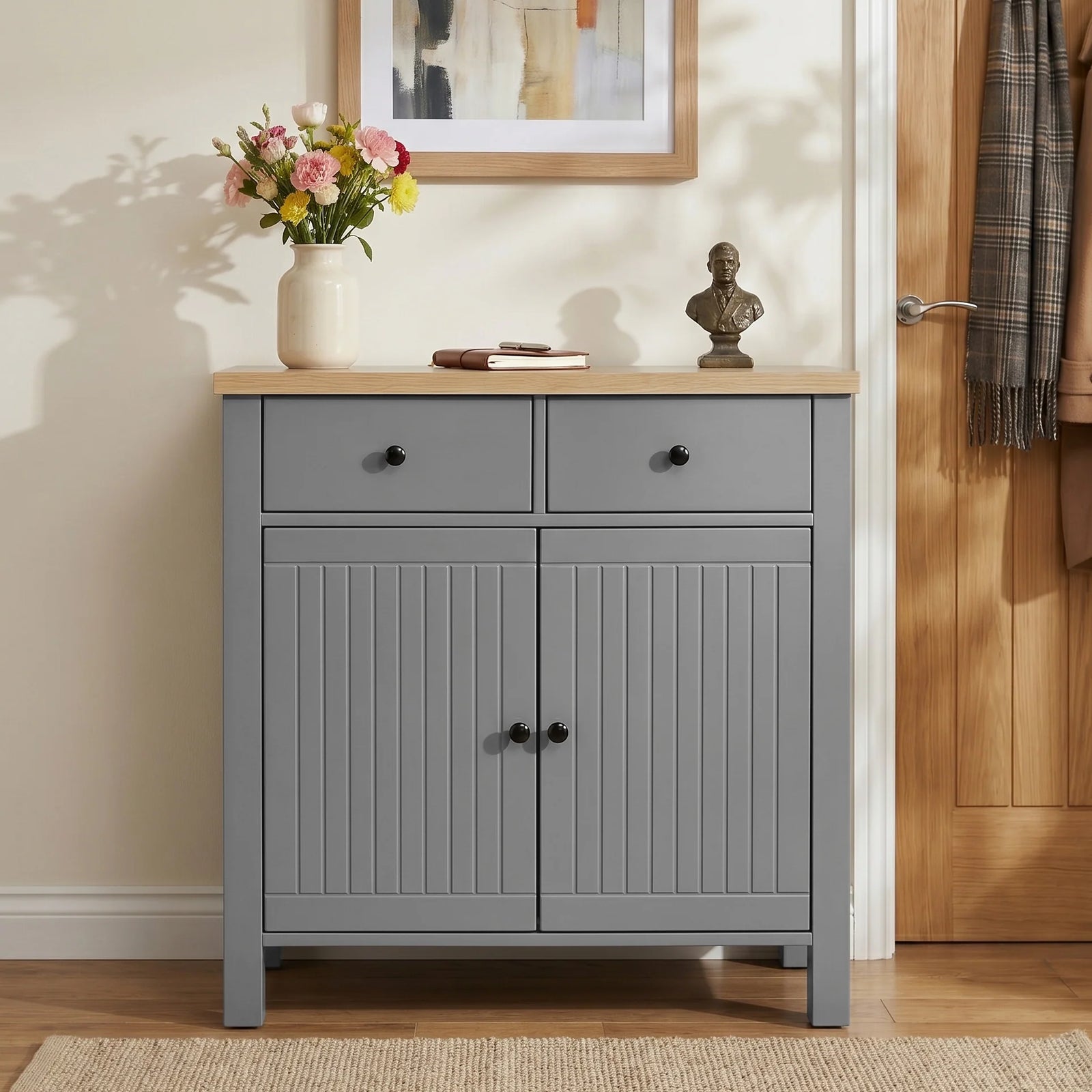 [Grey] Linra Grey Painted 2 Door Sideboard with Drawers - Oak Top straight-on view highlighting its closed slatted doors.