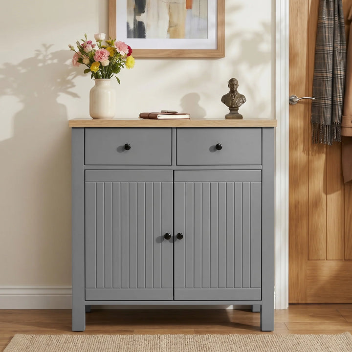 [Grey] Linra Grey Painted 2 Door Sideboard with Drawers - Oak Top straight-on view highlighting its closed slatted doors.