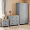 [Grey] Linra bedroom furniture set styled in panelled bedroom with grey wardrobe, 3 drawer chest and bedside