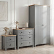 [Grey] Linra bedroom furniture set styled in panelled bedroom with grey wardrobe, 3 drawer chest and bedside