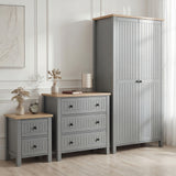 [Grey] Linra bedroom furniture set styled in panelled bedroom with grey wardrobe, 3 drawer chest and bedside