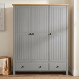 [Grey] Linra Painted 4 Piece Bedroom Furniture Set Grey triple wardrobe shown front-on with tongue-and-groove doors, oak top, black round knobs, and two base drawers