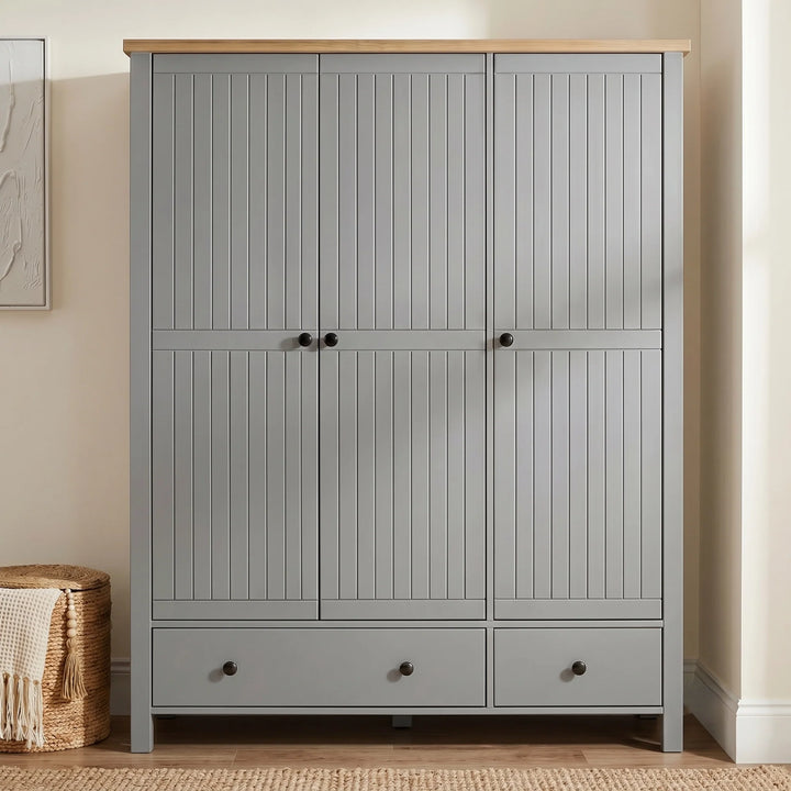 [Grey] Linra Painted 4 Piece Bedroom Furniture Set Grey triple wardrobe shown front-on with tongue-and-groove doors, oak top, black round knobs, and two base drawers