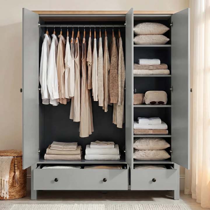 [Grey] Linra Painted 4 Piece Bedroom Furniture Set Grey wardrobe open showing internal hanging rails and side shelves.