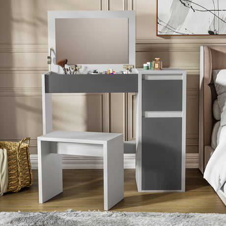 Modern makeup dressing table with flip-up mirror, storage sections, and matching stool in white and grey finish, ideal for bedroom vanities.