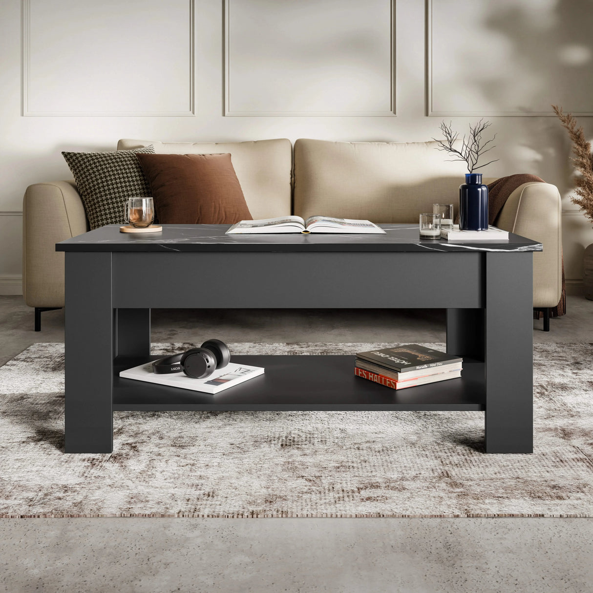 [Grey + Marble Black] Coffee table with marble top and lower display shelf next to sofa.