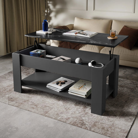 [Grey + Marble Black] Lift top coffee table open showing hidden storage with items.