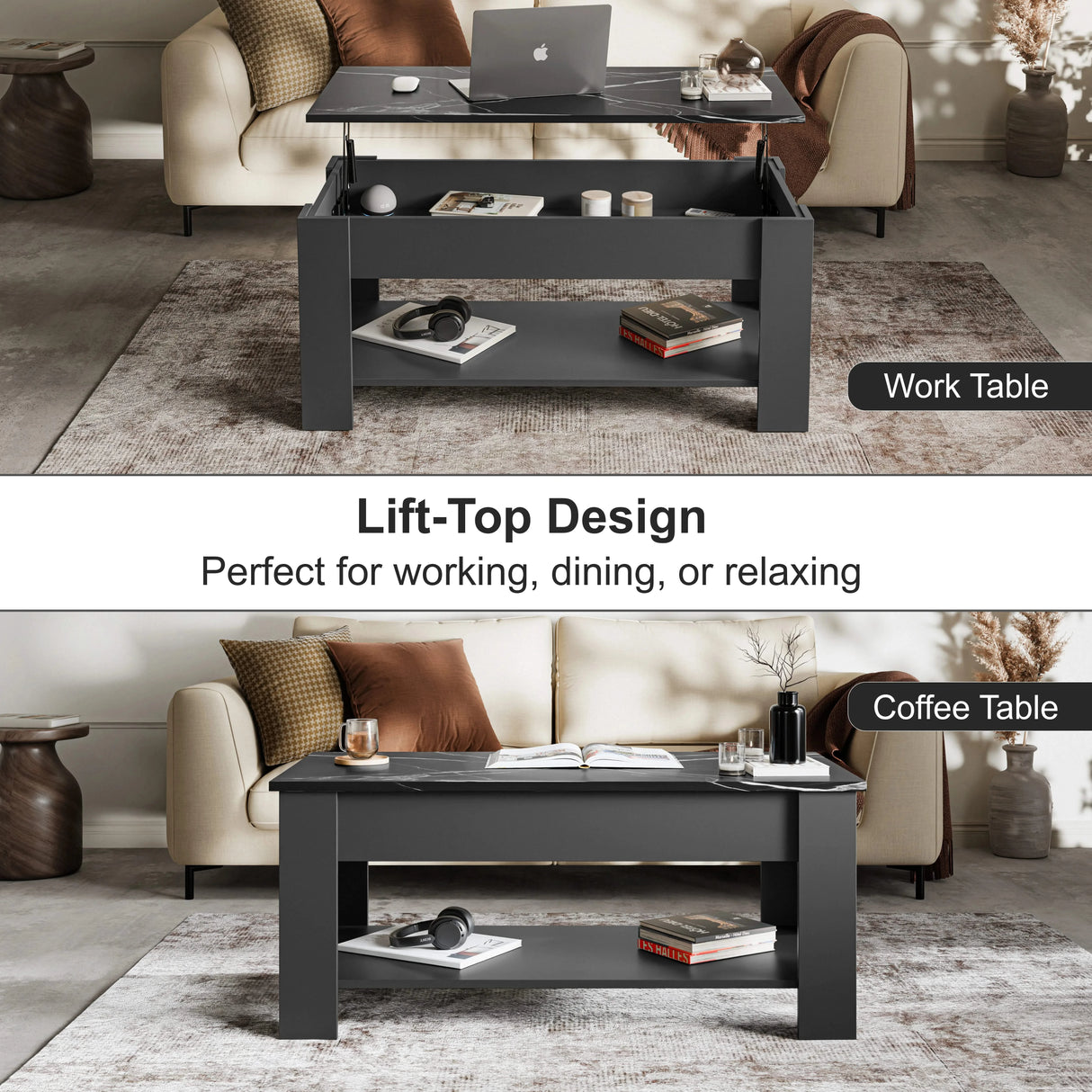 [Grey + Marble Black] Lift top coffee table shown open as work table and closed.