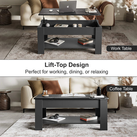 [Grey + Marble Black] Lift top coffee table shown open as work table and closed.